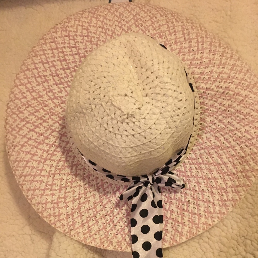 Sun Hat with black and white polka dot ribbon